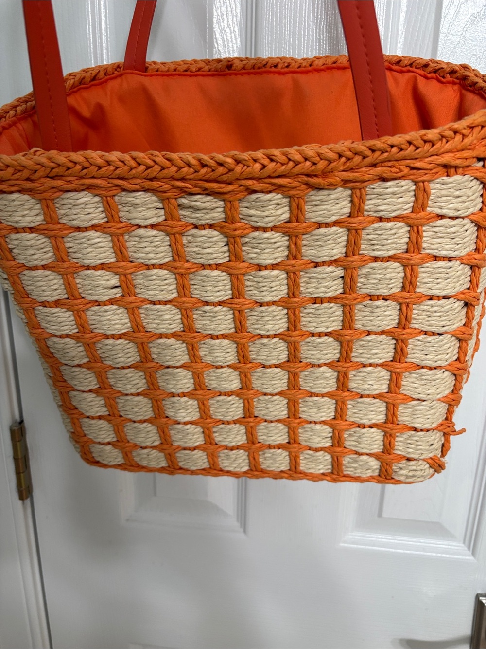 Orange and Cream Woven Tote Bag - Women's Beach & Everyday Bag - Picture 3 of 6